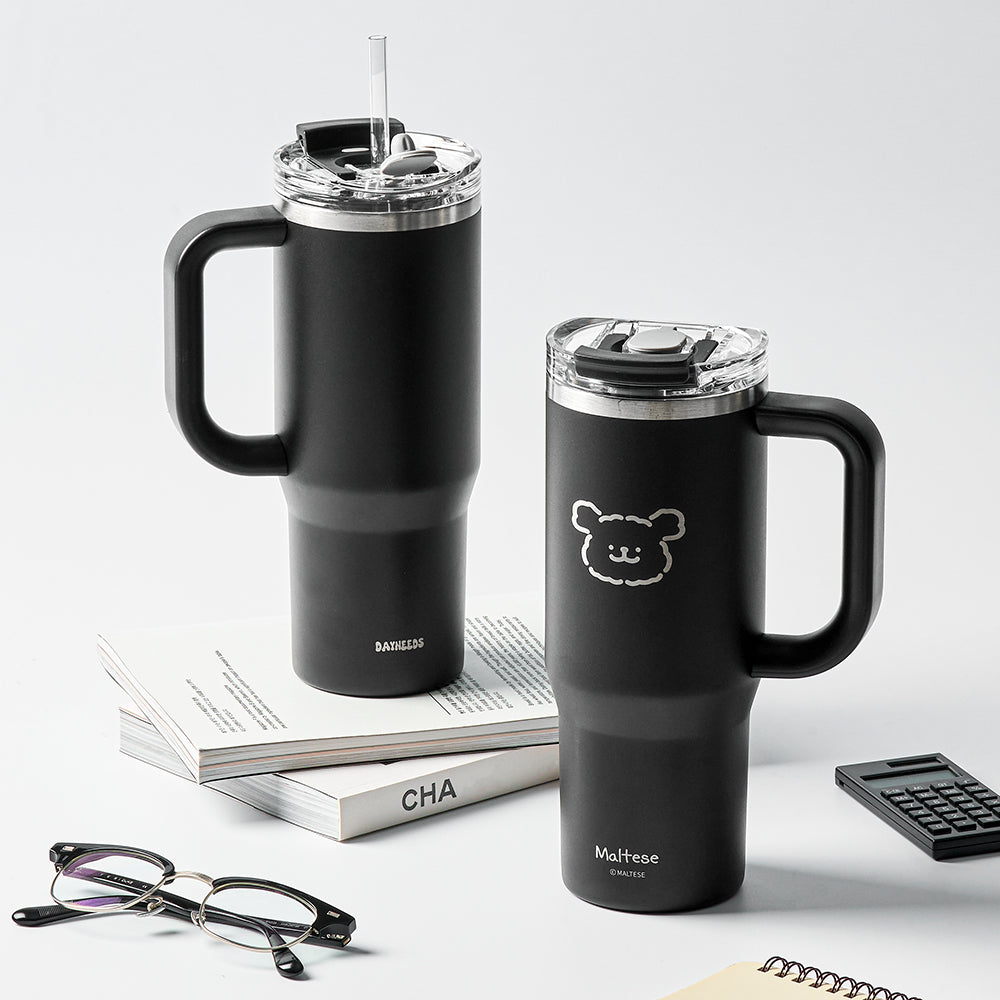 韓國限定 MALTESE線條小狗 不銹鋼吸管保溫杯 900ml｜BLACK EDITION