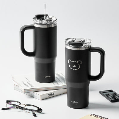 韓國限定 MALTESE線條小狗 不銹鋼吸管保溫杯 900ml｜BLACK EDITION